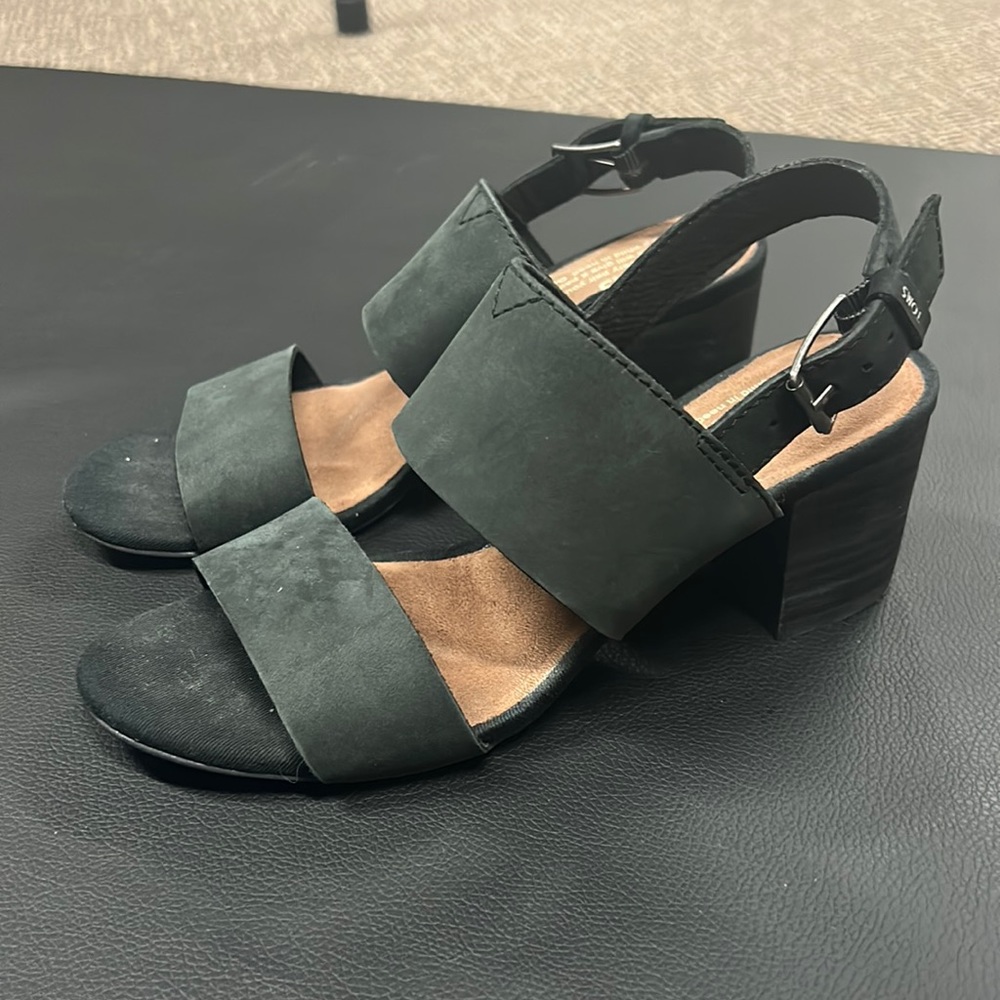 Toms Poppy Black Leather Heeled Sandals